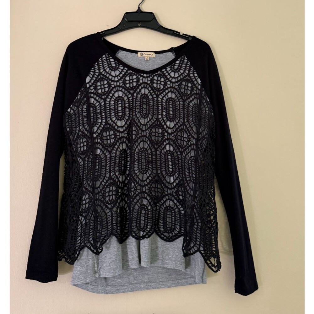 Democracy Black Crochet Lace Top Womens Small Boho Gothic Sheer Layered Blouse
